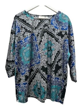 Chicos Size 2 Top L Silky Floral Blue 3/4 Dolman Sleeve Pullover Womens Career